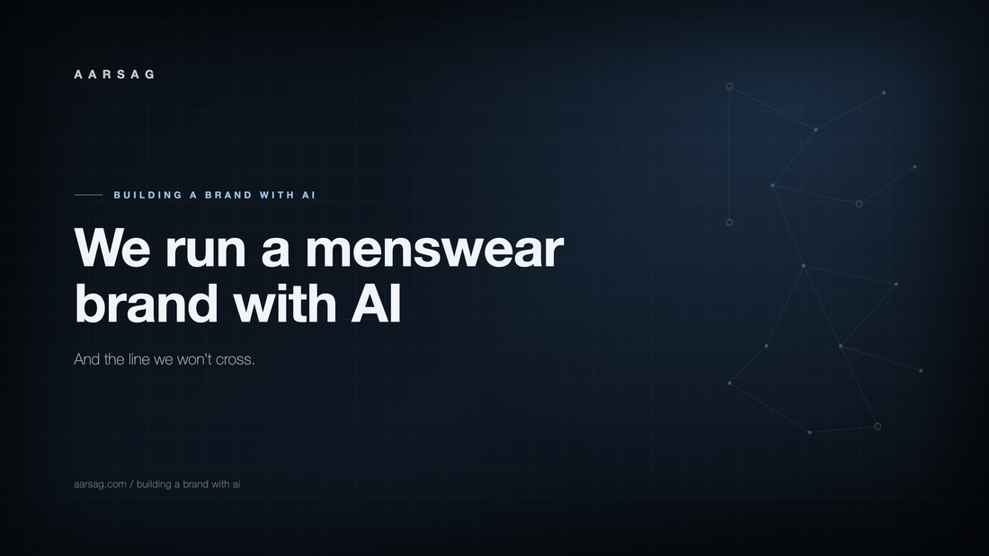 Typographic cover reading "We run a menswear brand with AI" with the subtitle "And the one line we won't cross", for an Aarsag post