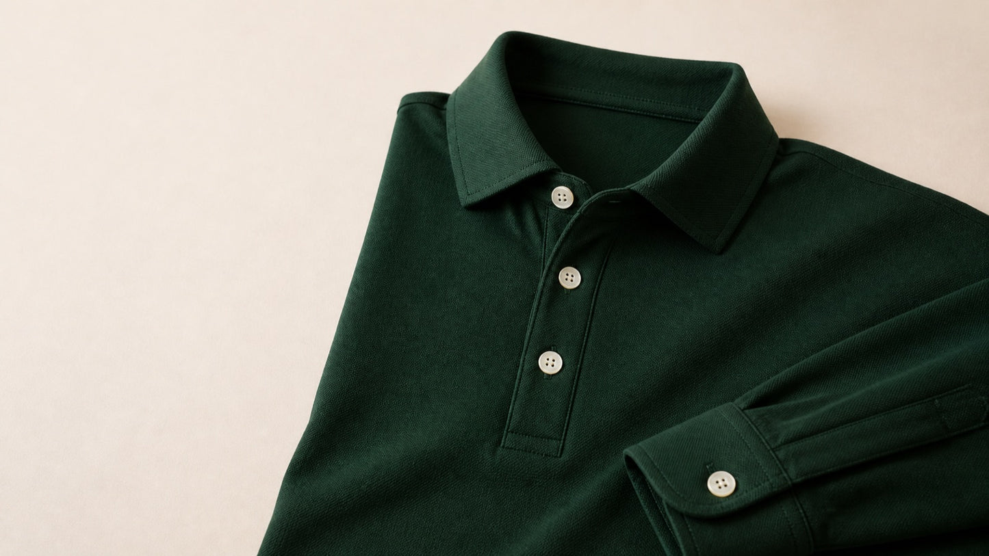 Close-up of the polo's structured collar and three-button placket with pale mother-of-pearl buttons