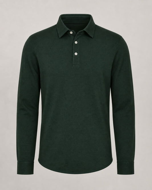 pruce Forest Green long-sleeve polo, flat front: three-button placket, point collar and curved liquette hem