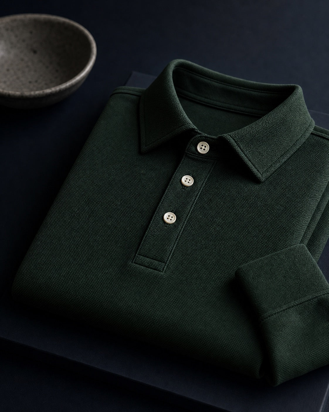 Aarsag long-sleeve polo in Spruce Forest Green, collar and cuff detail